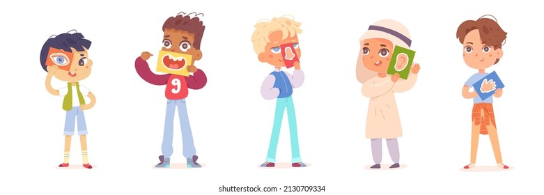 Five Sensory Senses Set Vector Illustration. Cartoon Cute Boys Holding In Hand 5 Cards With Organs Of Sight Hearing Smell Taste And Touch. Education Clipart Of Human Perception Isolated On White