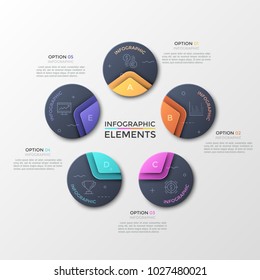 Five separate black round elements with thin line icons and letters inside, text boxes. Concept of 5 features of financial gain achievement process. Infographic design template. Vector illustration.