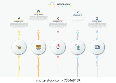Five separate paper white round elements arranged into horizontal row, colorful arrows pointing up and text boxes. Modern infographic design template. Vector illustration for presentation, website.