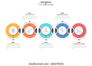 Five separate round elements with thin line pictograms inside and text boxes placed chequerwise. Successive steps to goal achievement concept. Vector illustration for brochure, presentation, website.