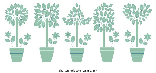 Five set with decorative eco trees in the pot. Vector image