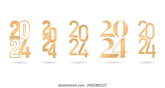five Set of gold numbers for New Year and Christmas 2024 isolated white backgrounds Vector illustration for covering calendar, social media headers, greeting cards, screen printing, catalogue booklets