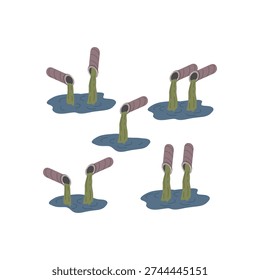 Five sets of brown pipes release green liquid into dark pools. Stylized illustration shows industrial waste, sewage discharge, and environmental pollution affecting natural water bodies.