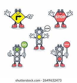 Five sets of colored traffic signs cartoons with various signs, stop, turn, slow down, and go.