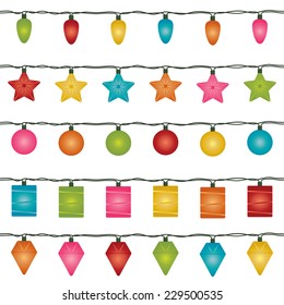 five sets of horizontally seamless christmas fairy lights, isolated on white