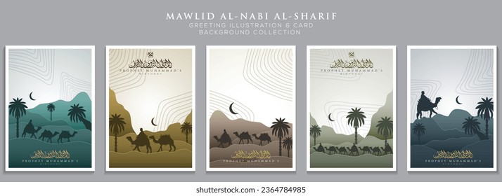 Five Sets Mawlid AlNabi Greeting Islamic Illustration Background Vector Design With Beautiful Arabic Calligraphy, Lanterns, Desert And Mosque. Translation Of Text : PROPHET MUHAMMAD'S BIRTHDAY