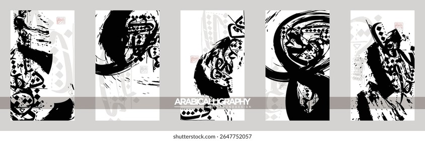 Five Sets Random Arabic Calligraphy Greeting Splash Watercolor Background Vector Design Without SPESIFIC MEANING IN ENGLISH For Decoration, Wallpaper, Banner, Illustration, Cover, Greeting Card etc
