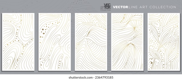 Cinco juegos de la línea brillante de oro sobre fondo blanco. Hermosa textura de onda dorada y dibujada a mano para papel pintado, banner, impresiones, cubiertas, arte mural, decoración casera, tarjeta, tela e ilustración.