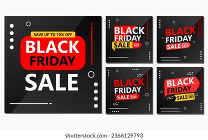 five sets of social media template designs in red and black colors. black friday social media post design for promotion.