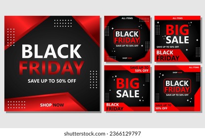 five sets of social media template designs in red and black colors. black friday social media post design for promotion.
