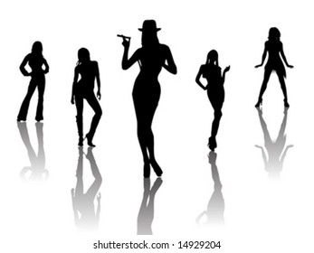 Five sexy dancers dancing around, female outlines