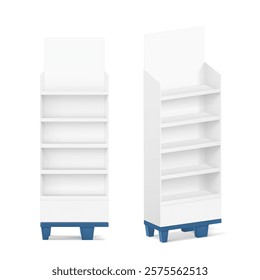 Five shelf side display with base mockup for sale point. Vector illustration on a white background. Can be use for template your design, promotion, advertising. EPS10.	