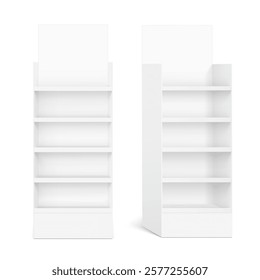 Five shelf side display with base mockup for sale point. Vector illustration on a white background. Can be use for template your design, promotion, advertising. EPS10.	