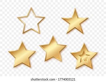Five shining golden stars are different in design and structure. Vector illustration
