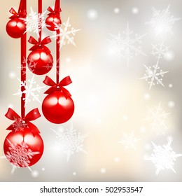 Five shiny glossy red ball with a bow on a beautiful Christmas background. Hang on a tape among snowflakes. Christmas toys. vector illustration