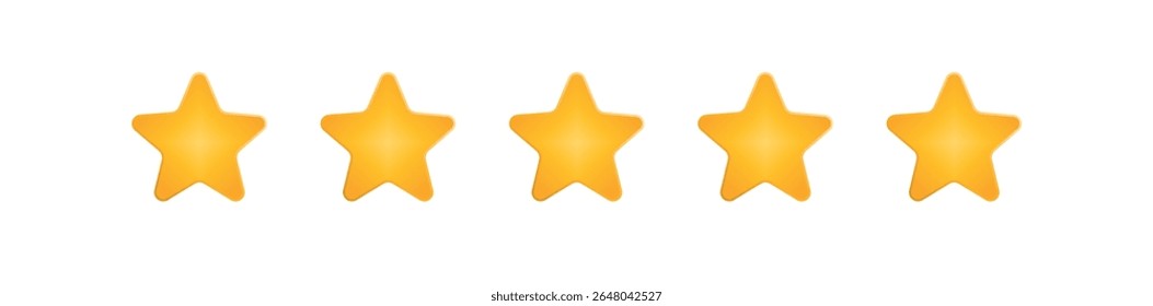 Cinco estrelas douradas brilhantes em layout de linha reta, conceito de classificação de alta qualidade, símbolo de pontuação de revisão do cliente, ícone de vetor brilhante com gradiente, fundo transparente, elemento gráfico de avaliação de serviço
