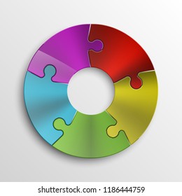 Five sided 3d circle metal puzzle presentation banner. Puzzle infographic template text field business statistic. Vector 5 pieces round steel puzzles graphic. Section five compare metal service banner