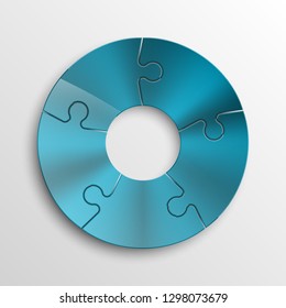 Five sided 3d circle metal puzzle presentation banner. Puzzle infographic template text field business statistic. Vector 5 pieces round steel puzzles graphic. Section five compare metal service banner