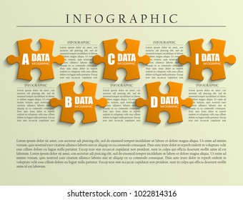 Five sided 3d puzzle presentation. Abstract puzzle infographic template with explanatory text field for business statistics. Vector five pieces puzzles illustration. Section compare service banner.