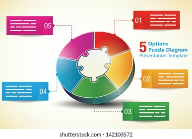 Five sided 3d puzzle presentation infographic template with explanatory text field for brochures, banners, ads and business statistics