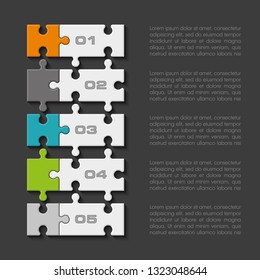 Five sided 3d round puzzle presentation. Abstract puzzle infographic template explanatory text business statistic. Vector 5 pieces puzzles illustration. Section four circle compare service banner