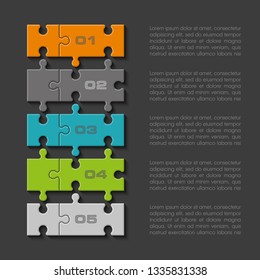 Five sided 3d round puzzle presentation. Abstract puzzle infographic template explanatory text business statistic. Vector 5 pieces puzzles illustration. Section four circle compare service banner