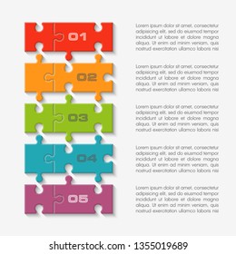 Five sided 3d round puzzle presentation. Abstract puzzle infographic template explanatory text business statistic. Vector 5 pieces puzzles illustration. Section four circle compare service banner