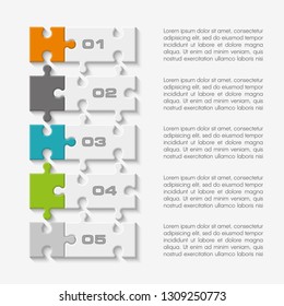 Five sided 3d square puzzle presentation. Abstract puzzle infographic template explanatory text field for business statistics. Vector 5 pieces puzzles illustration. Section five compare service banner