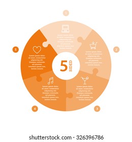 Five sided flat monocolor puzzle presentation infographic chart. Numbered with icons and explanatory text isolated on white background. Vector graphic template.