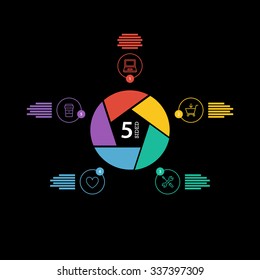 Five sided flat shutter diagram template for your business presentation with text areas and icons. Editable vector infographic graphic design. Black background.