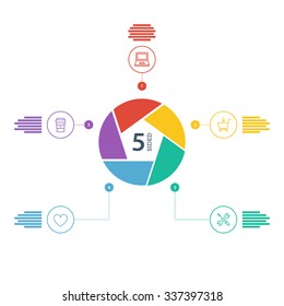 Five sided flat shutter diagram template for your business presentation with text areas and icons. Editable vector infographic graphic design. White background.