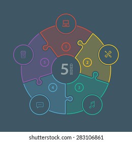 Five sided, numbered flat rainbow spectrum colored puzzle presentation infographic chart with explanatory text field isolated on dark background. Vector graphic template.