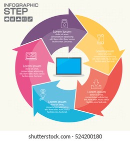 Five sided, numbered flat rainbow spectrum colored arrow presentation infographic chart with explanatory text field isolated on white background. Vector graphic template.