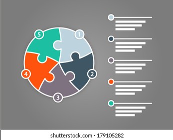 Five sided puzzle presentation infographic template with explanatory text field