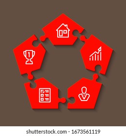 Five sided shape puzzle presentation infographic template with explanatory text field for business statistics