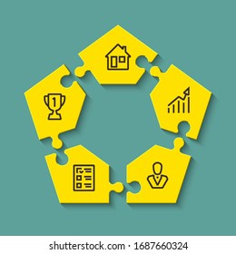 Five sided shape puzzle presentation infographic template with explanatory text field for business statistics
