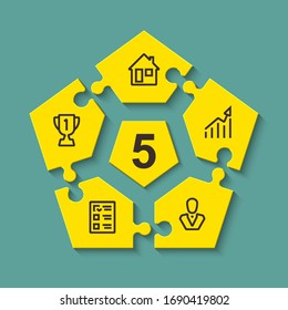 Five sided shape puzzle presentation infographic template with explanatory text field for business statistics