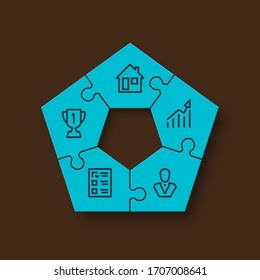Five sided shape puzzle presentation infographic template with explanatory text field for business statistics