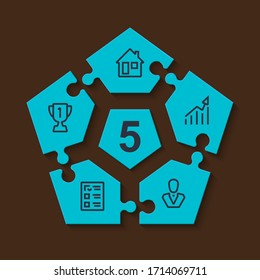 Five sided shape puzzle presentation infographic template with explanatory text field for business statistics