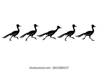Five Silhouette Birds Running Together In Line Art Style