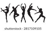 Five silhouetted dancers in dynamic ballet poses mid-jump