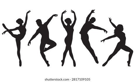 Five silhouetted dancers in dynamic ballet poses mid-jump