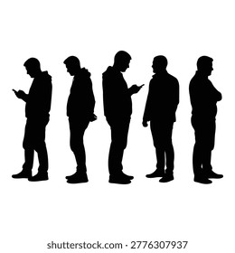 Five silhouetted people standing side by side each looking at their mobile phones in a casual line