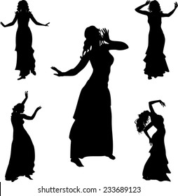 Five silhouettes of belly dance dancer
