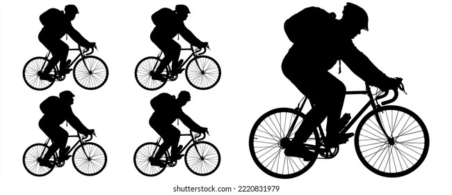 Five silhouettes of a cyclist in a bicycle helmet and with a backpack on his back. A man riding a bicycle. Sports competitions on bicycles. Side view, profile. Black silhouette isolated on white.