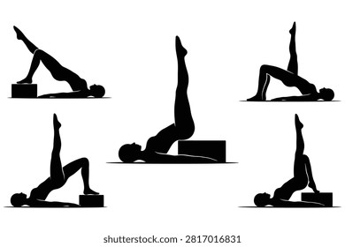 Five silhouettes demonstrating yoga poses with elevated legs on blocks