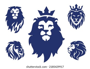 Five silhouettes of the face of a lion. Lion muzzle emblem.