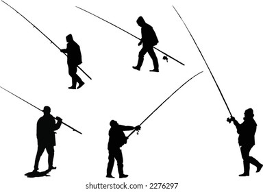 five silhouettes of a fisherman