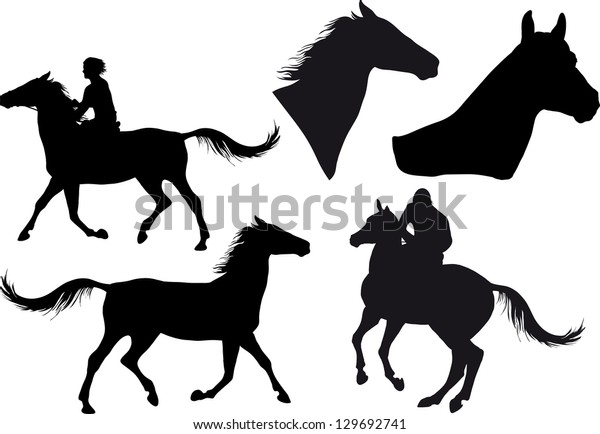 馬と馬頭と馬乗りの五つのシルエット のベクター画像素材 ロイヤリティフリー