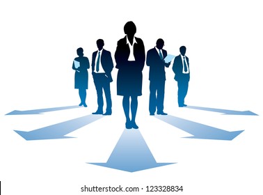 Five silhouettes of successful businesseople, everyone has own direction.